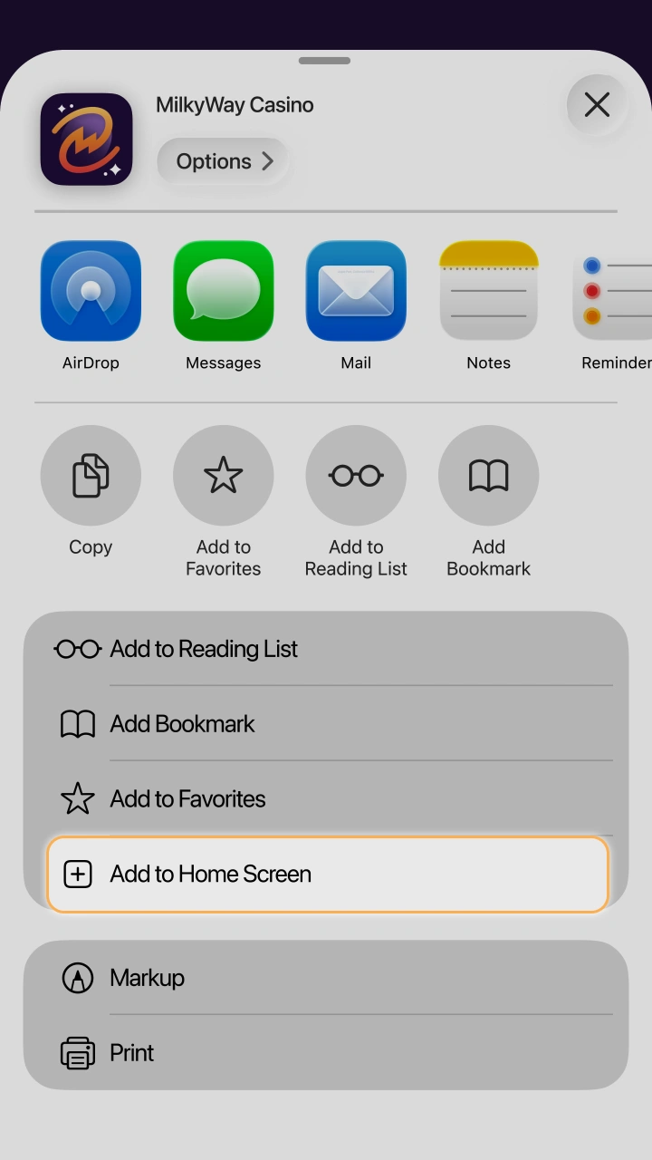 Add MilkyWay Casino to your home screen to enjoy seamless gaming on your mobile device anytime.