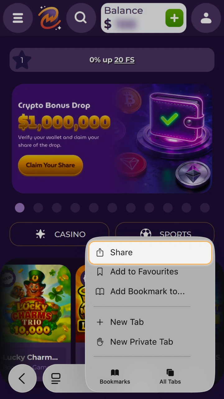 Tap Share in your browser and quickly install MilkyWay Casino to enjoy exciting gameplay on your mobile device.
