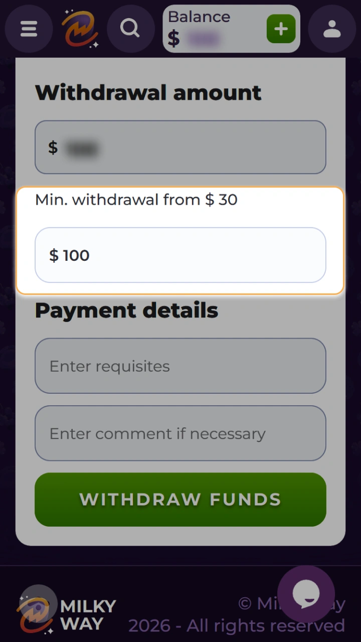 Request a fast payout to quickly receive your impressive winnings at MilkyWay Casino.