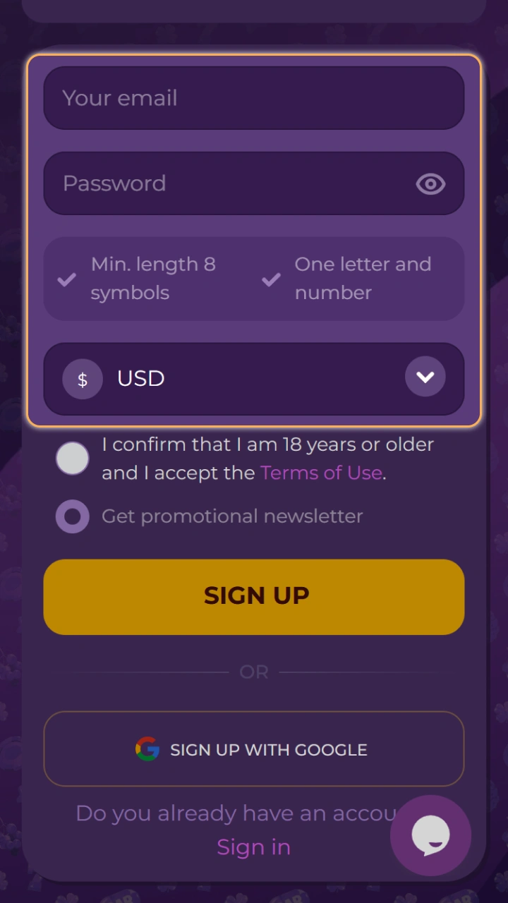Enter your email address and password to create a MilkyWay Casino account today.