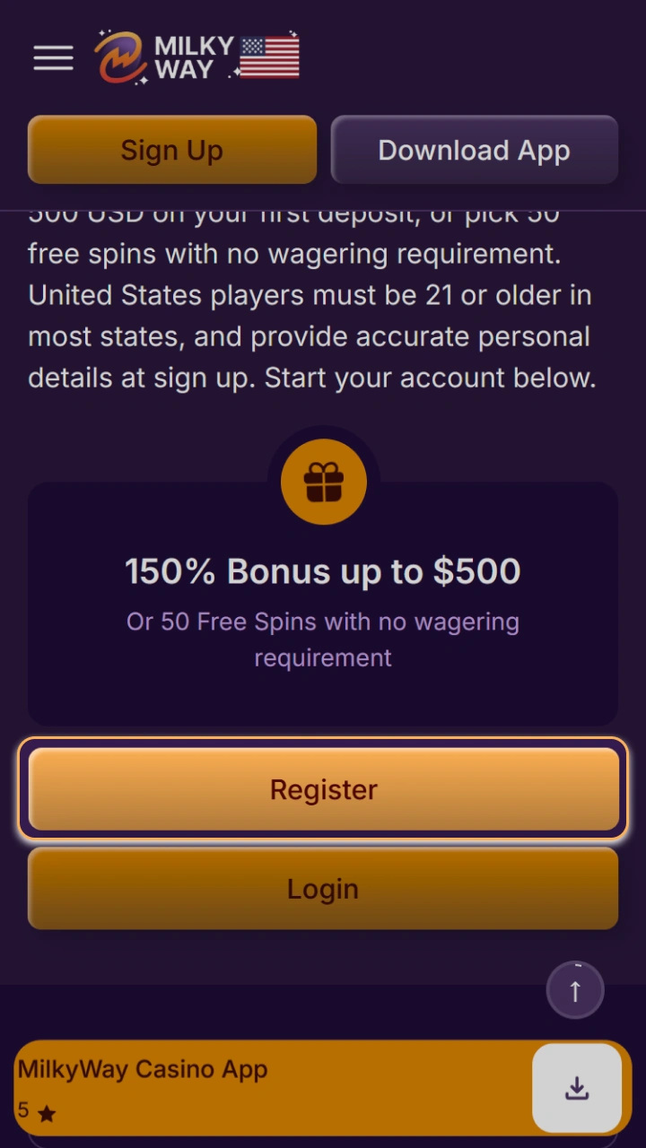 Click the registration button to start an exciting gaming journey at MilkyWay Casino right now.
