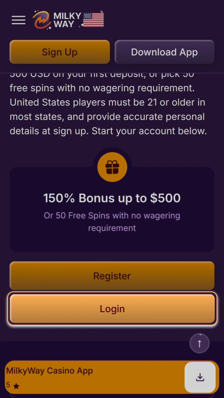 Click the login button to access your favorite slots and rewards at MilkyWay Casino.