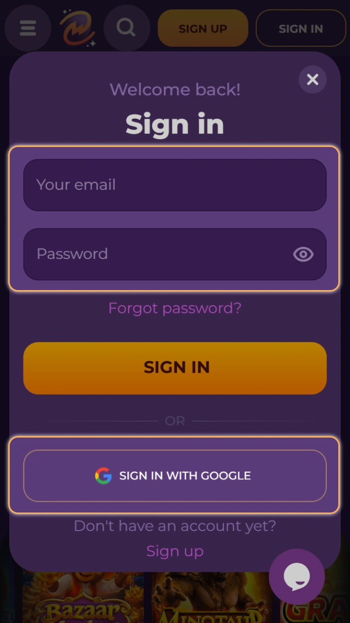 Enter your account details to start playing the best casino games at MilkyWay Casino.